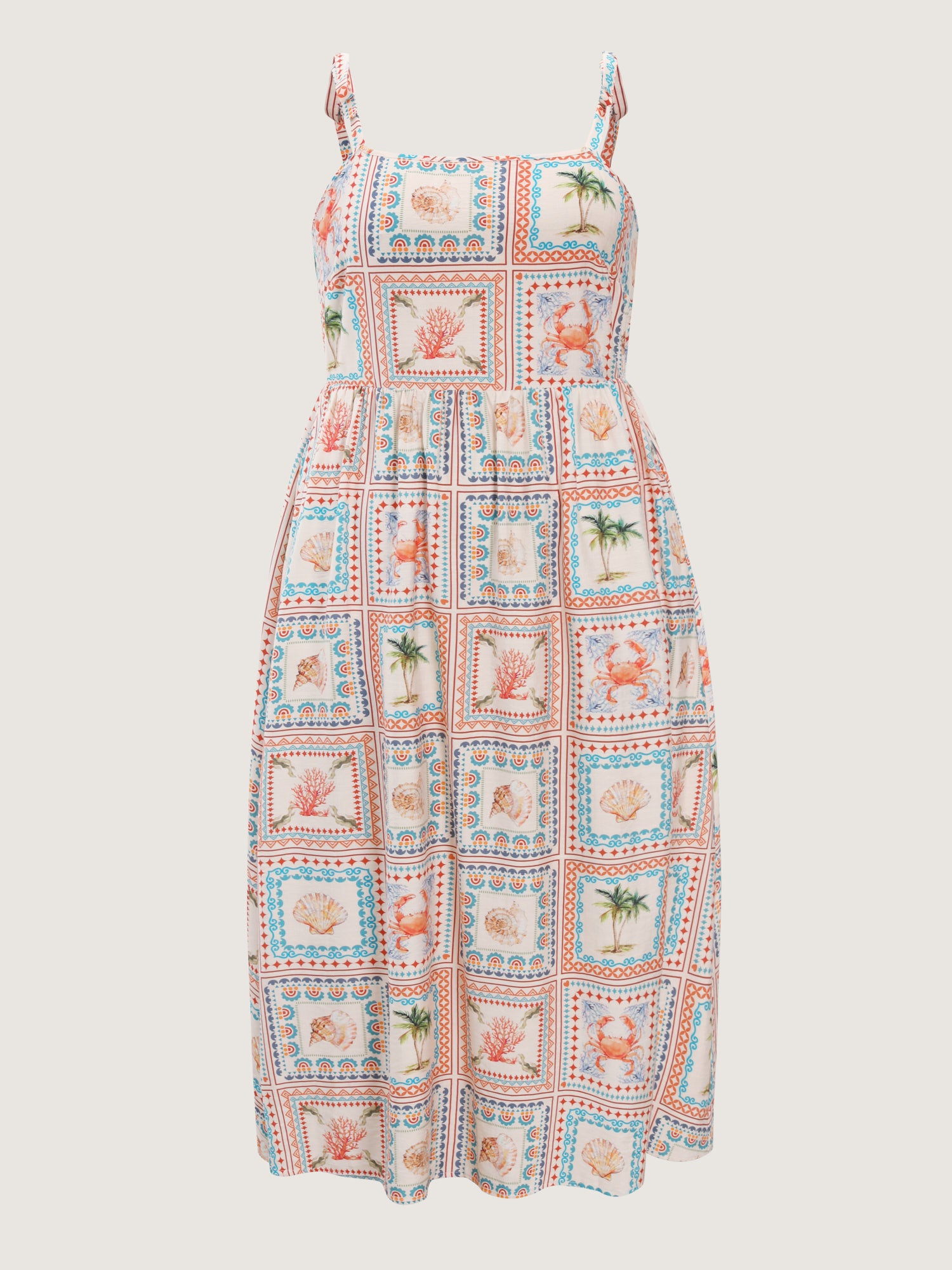 Vacation-Ready Collage Print Shoulder-Tie Maxi Dress