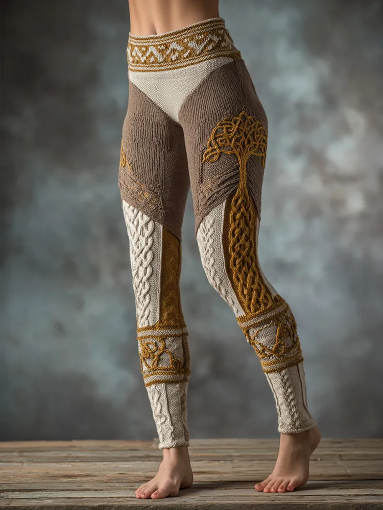 Vintage Viking Tree Of Life Celtic Knot Knit Jacquard Cozy Leggings