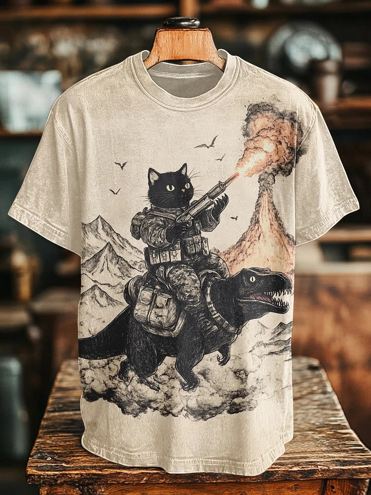 Men's Vintage Cat Riding Dinosaur Battle Print T-shirt