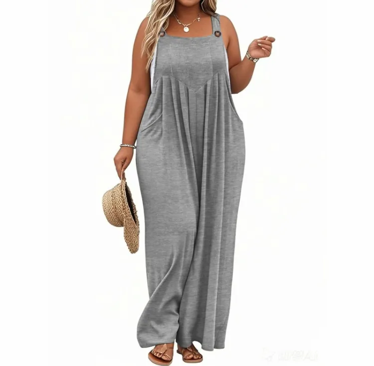 2025 Plus Size Wide Leg Jumpsuit – Loose Summer Romper with Pockets