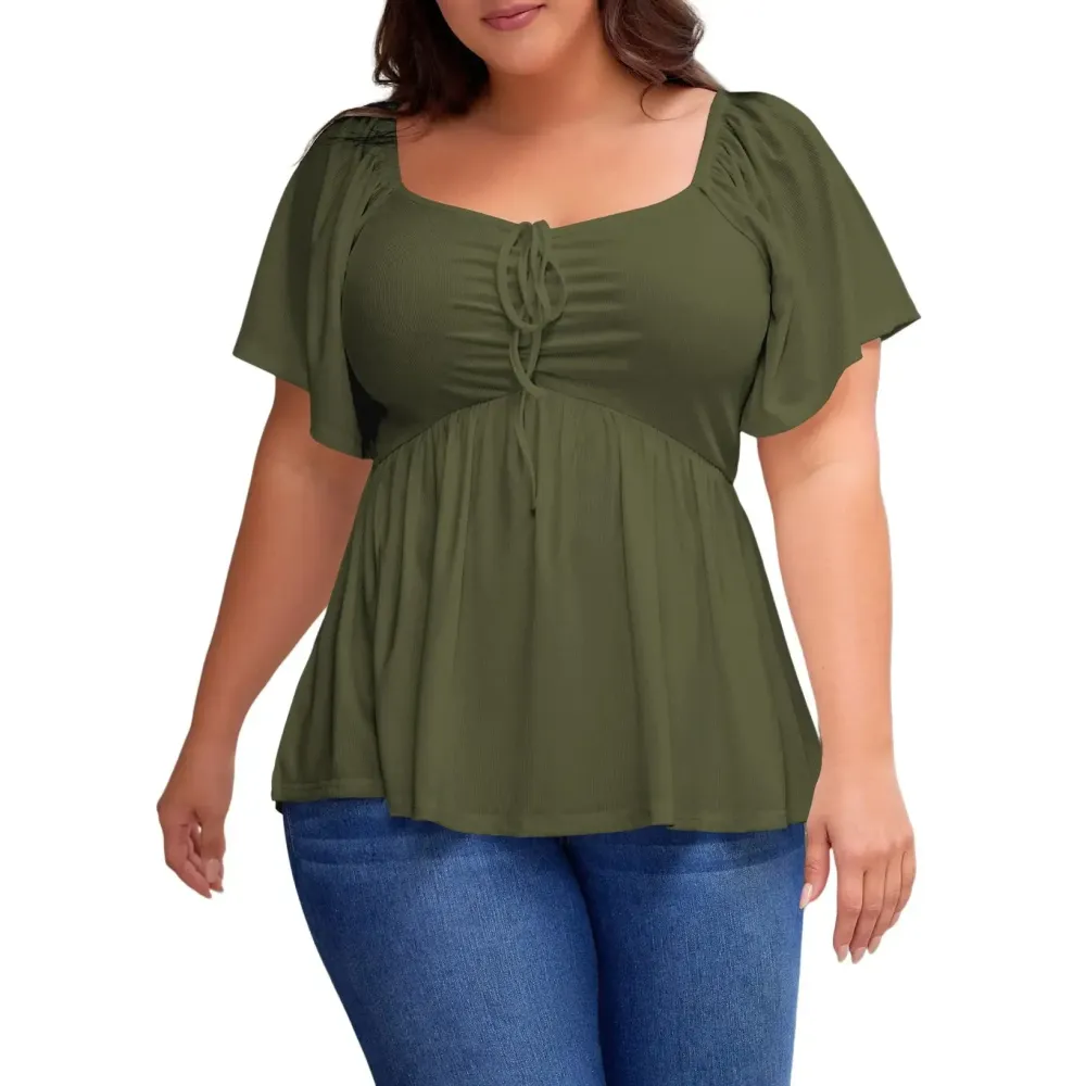 Women Plus Size Sweetheart Neck Short Sleeve Shirred Peplum Blouse Tops Shirts