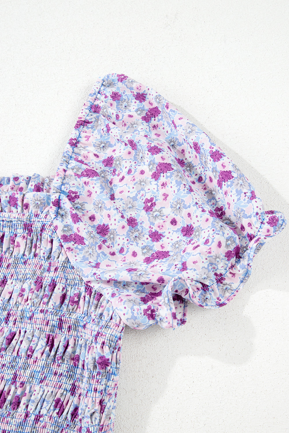 Purple Floral Short Bubble Sleeve Smocked High Waist Maxi Dress