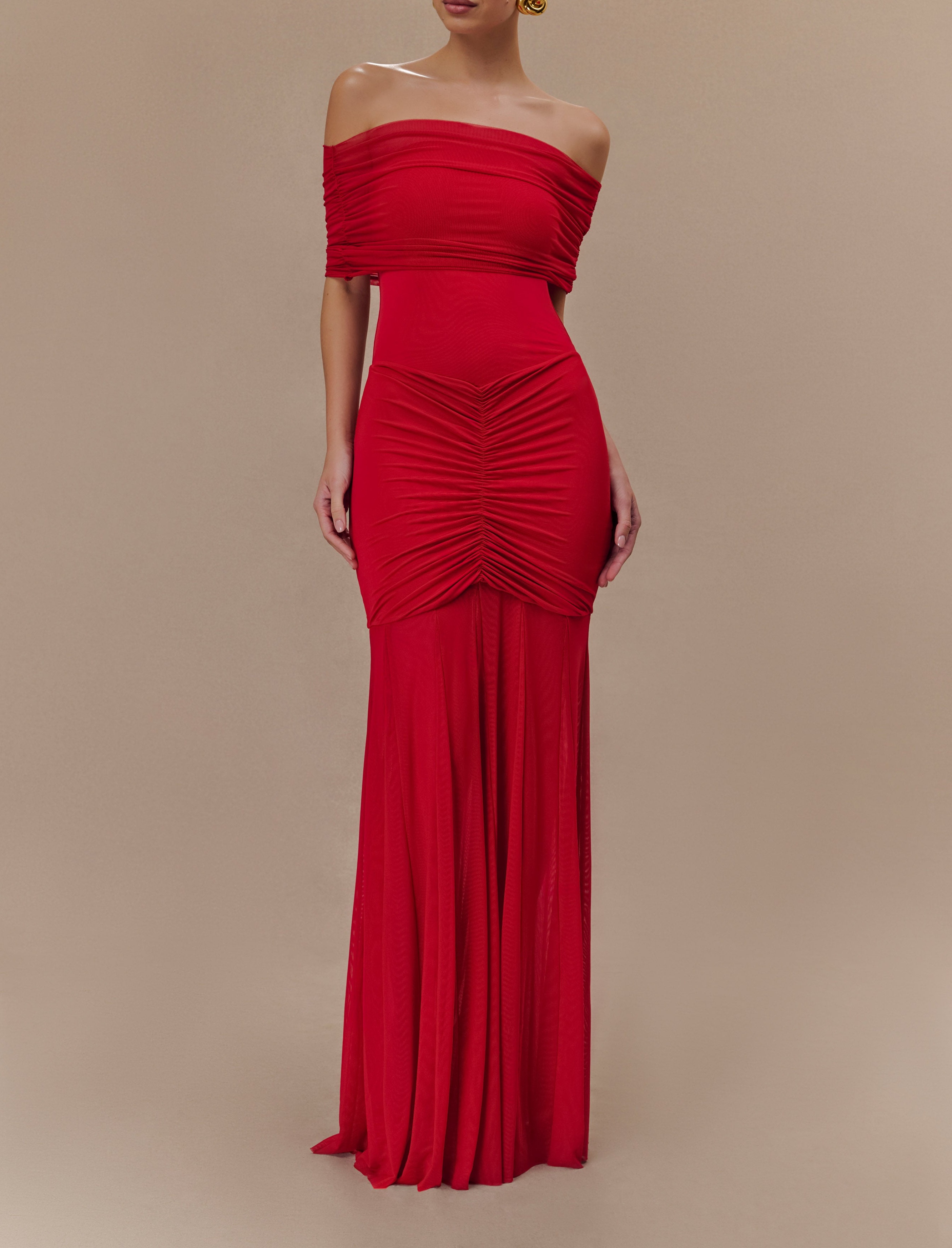 Ruby Slinky And Mesh Off Shoulder Maxi Dress