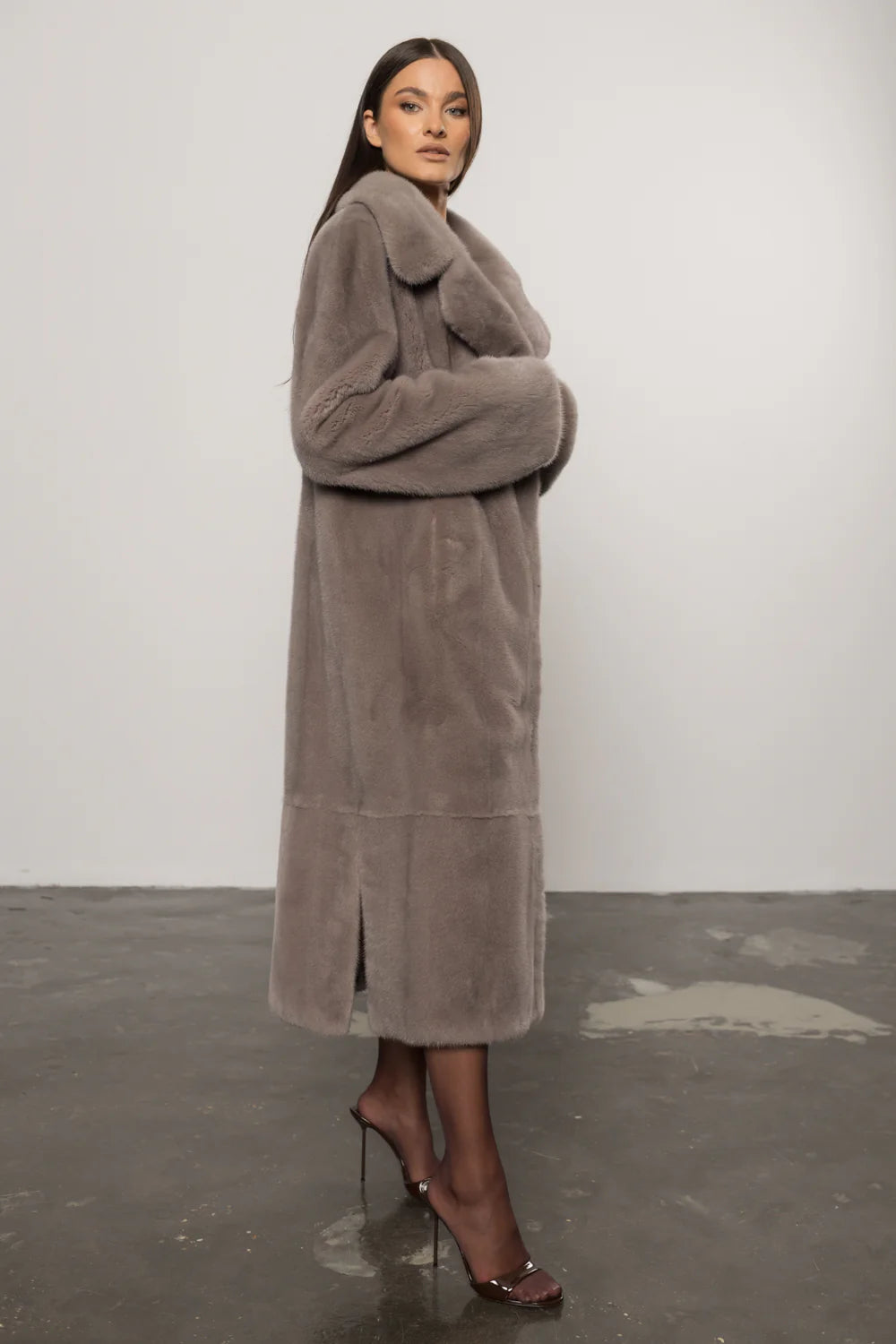 Palton din Blană Naturală de Vizon, cu Guler Rever, Femei, Pearl Grey 429