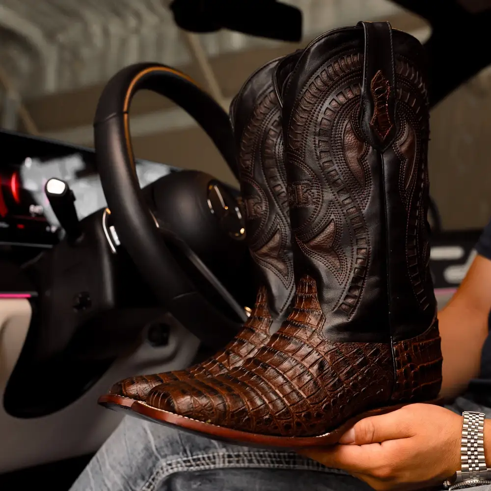 Chocolate Brown Caiman Belly Leather Boots - Square Toe