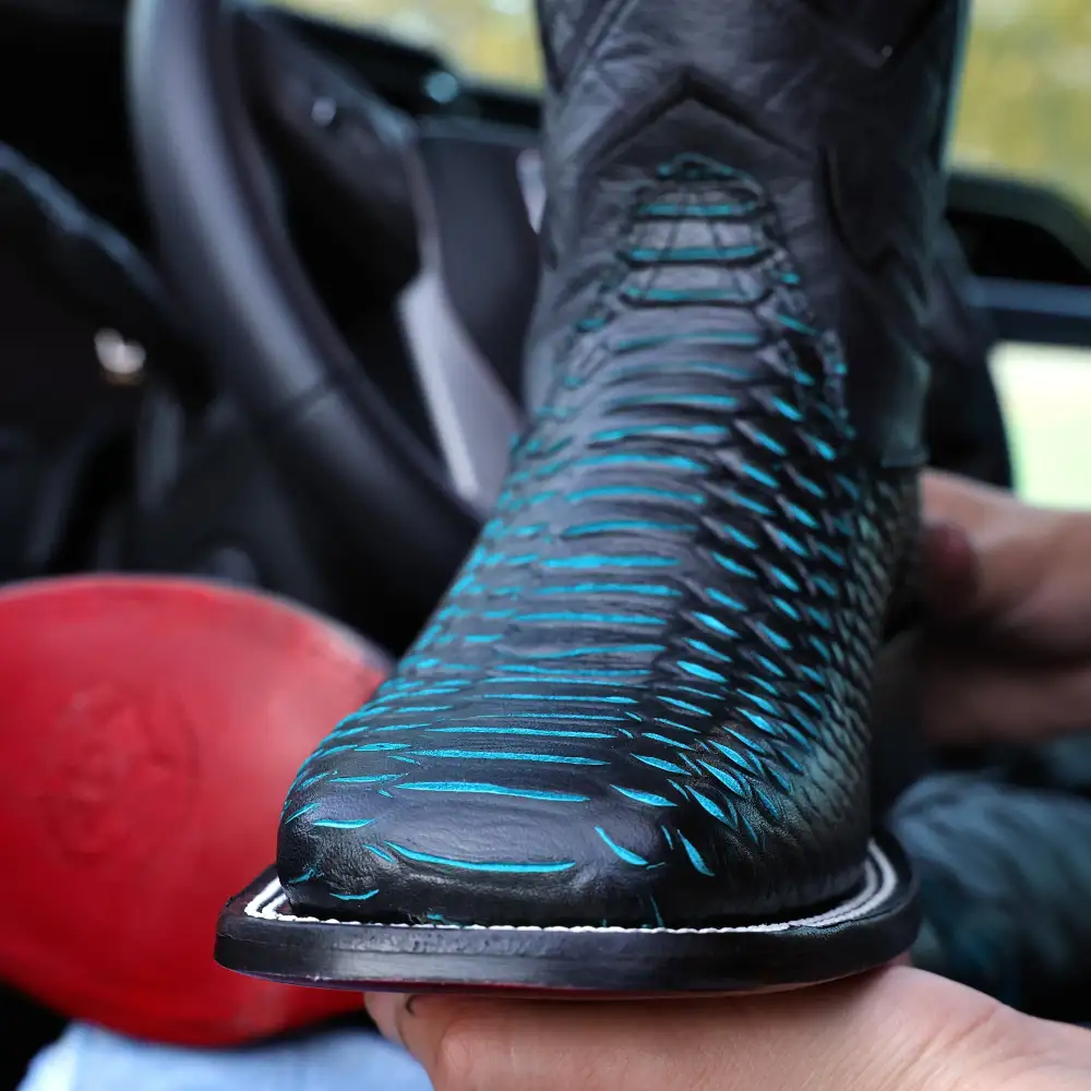 Black & Aqua Python Leather Boots - Square Toe