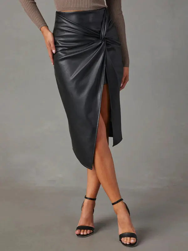 Solid Color Slit Mid-Length Butt-Covering Leather Skirt