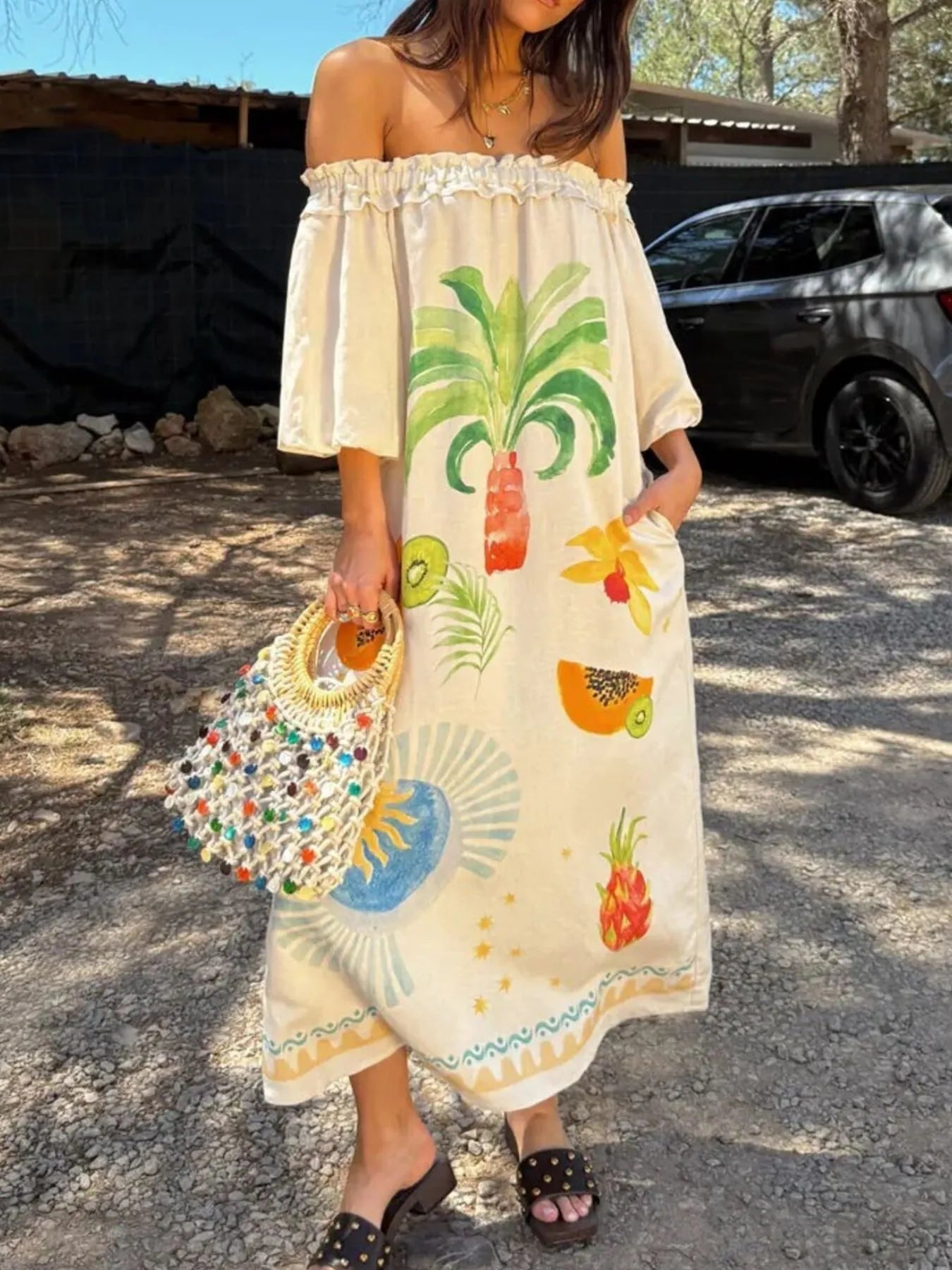 Frill Printed Off-Shoulder Dress