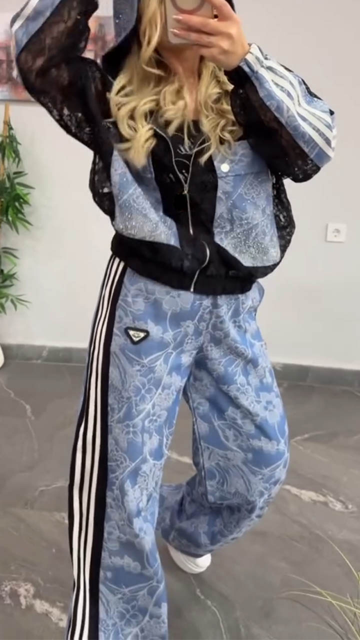 Women Hooded Rhinestone Splicing Casual Set