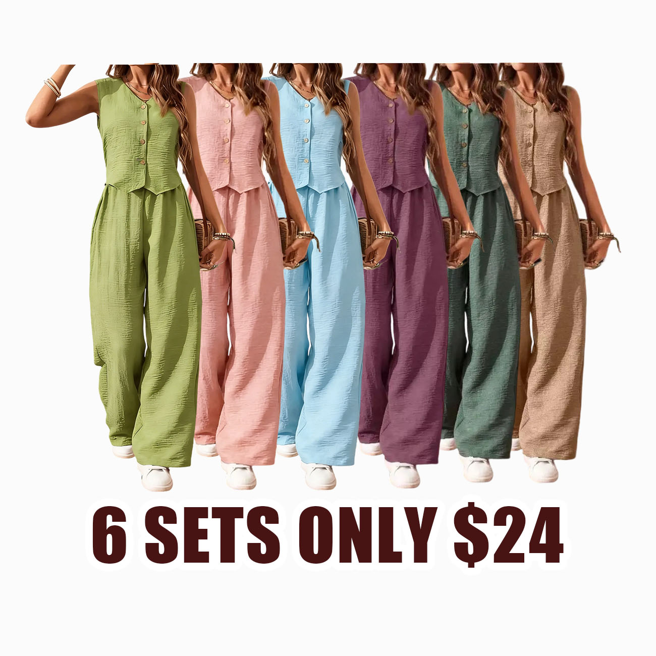 Women's 2 Piece Vest and Pants Set, Casual Button Down Waistcoat and Wide Leg Pants Matching Outfit