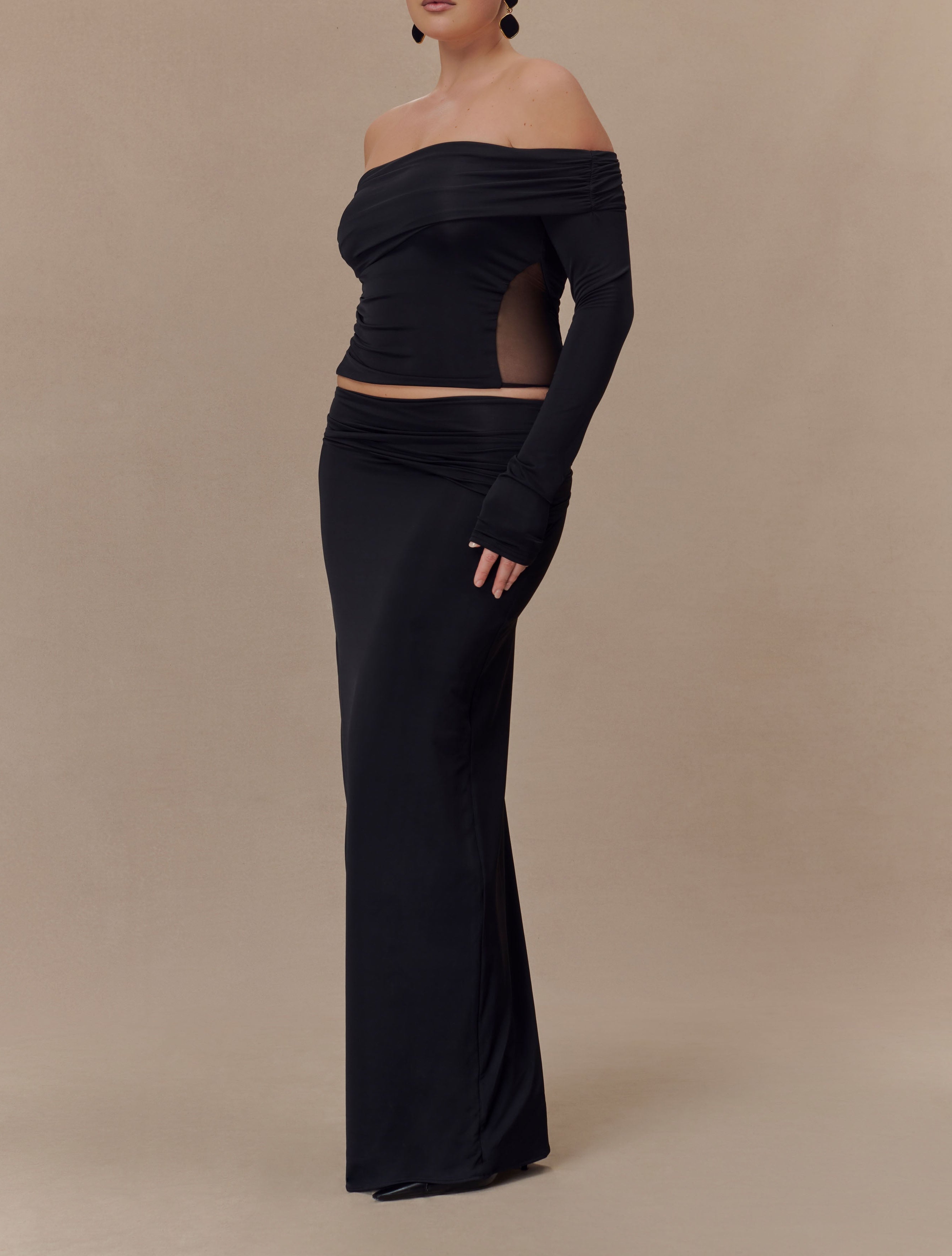 Black Slinky And Mesh Maxi Skirt