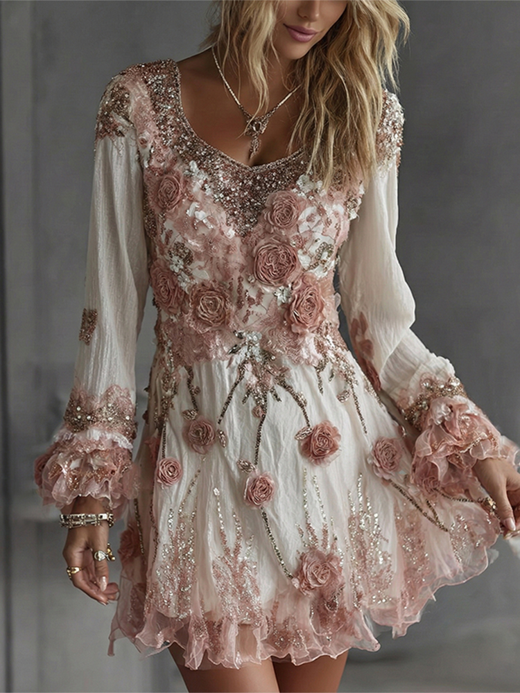 Women's Pink Flower Embroidered Art V-neck Long Sleeve Mini Dress