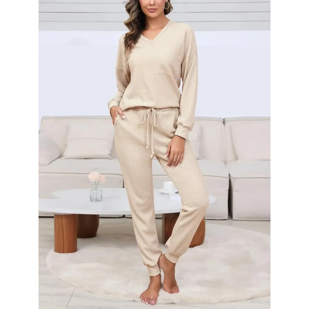 V-neck waffle knit top and pants casual set