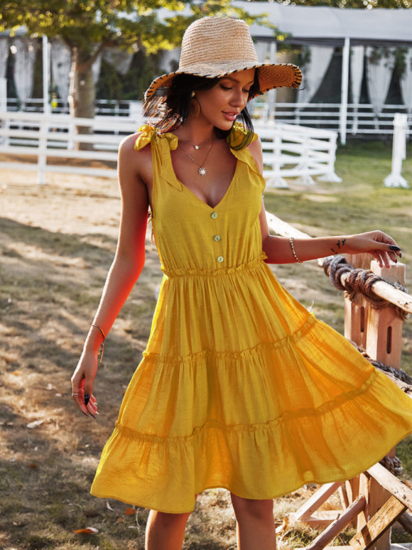 V-Neck Solid Color A-Line Skirt Vacation Dress