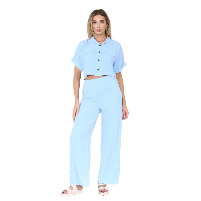 KatchMe Women's Casual Button Front Flap-Pocket Blouse & Wide Leg Trousers Co-ord Set – Crop Short Sleeve Shirt & High Waist Pants Two-Piece Se