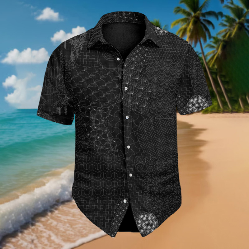 Men's Japanese Traditional Sashiko Art Beach Linen Shirt