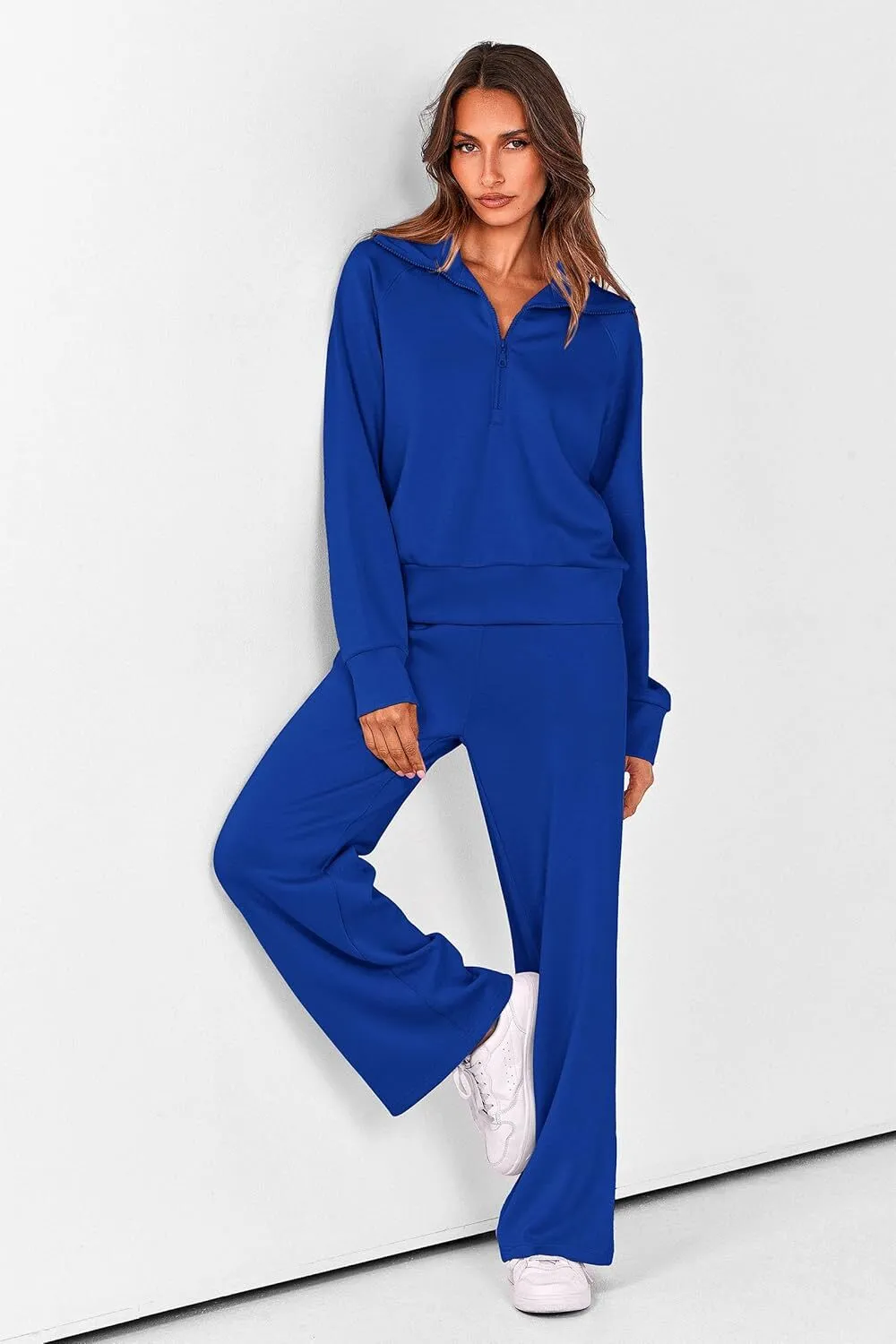 🔥Final Day Clearance!🛒Women's 2 Piece Outfits Casual Lapel Half Zip Sweatshirts And Wide Leg Pants Tracksuit Sets