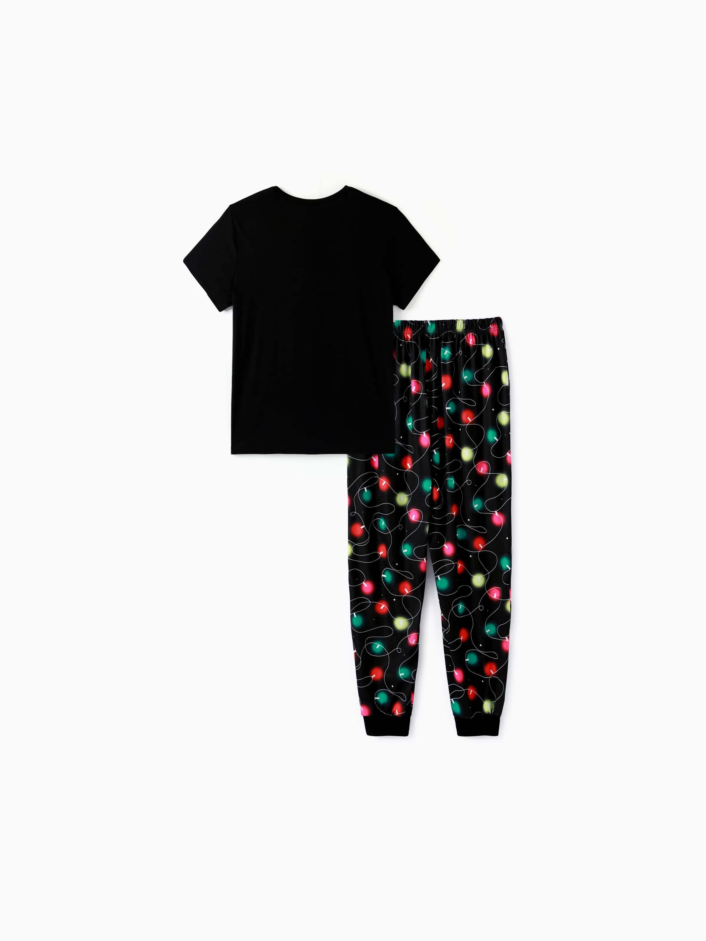 Christmas Family Matching Letters&Festive light bulb Print Short-sleeve Pajamas Sets Black