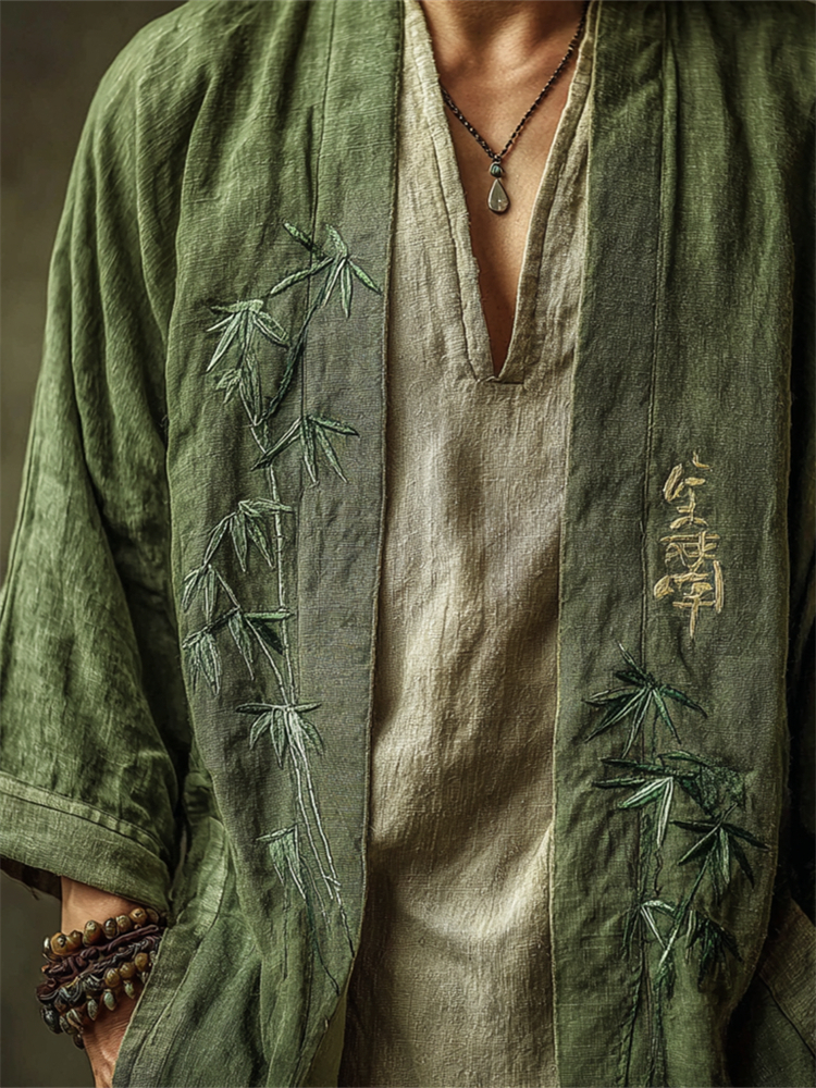 Men's Vintage Japanese Bamboo Embroidered Linen Kimono Cardigan