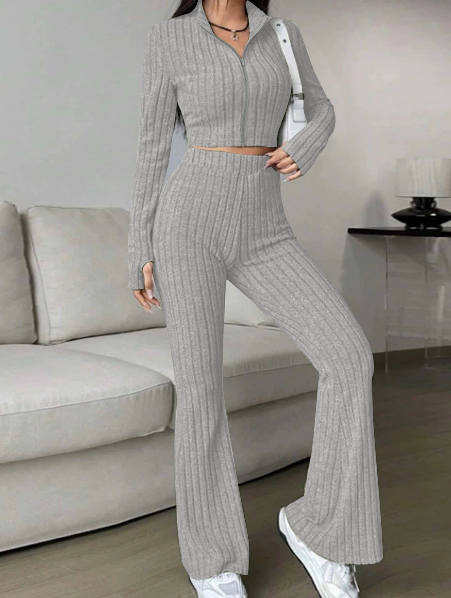 Women's Ribbed Cardigan High Waist Flare Pants Suit_CWSS01459