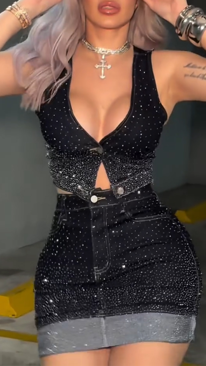 Womens Hot Rhinestone Sexy Casual Denim Suit