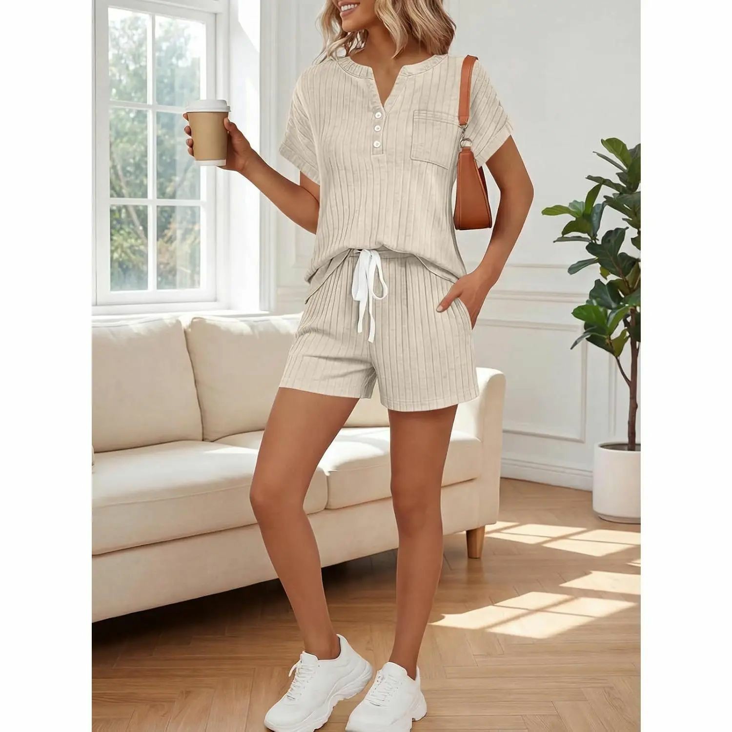 2 Piece Short Sets for Women Summer 2026 Lounge Short Sleeve Henley Outfits Sweatsuit with Pocket