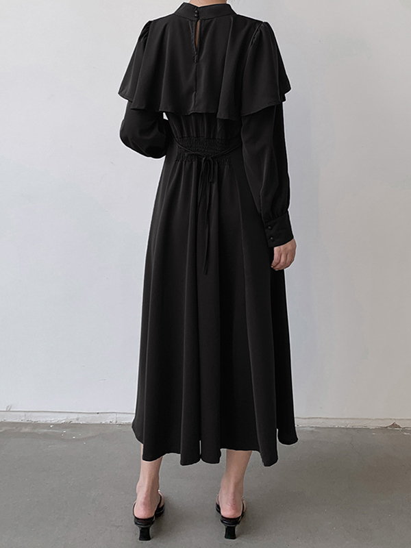 Ruffle Trim Solid Color Tied Waist A-Line Long Sleeves Mock Neck Midi Dresses