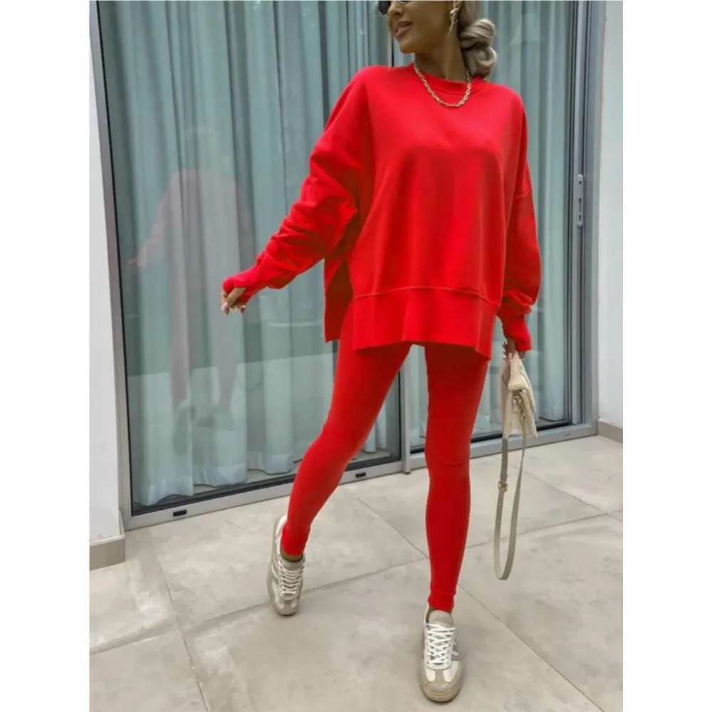 Women's Solid Long Sleeve Pullover & Leggings Sports Set