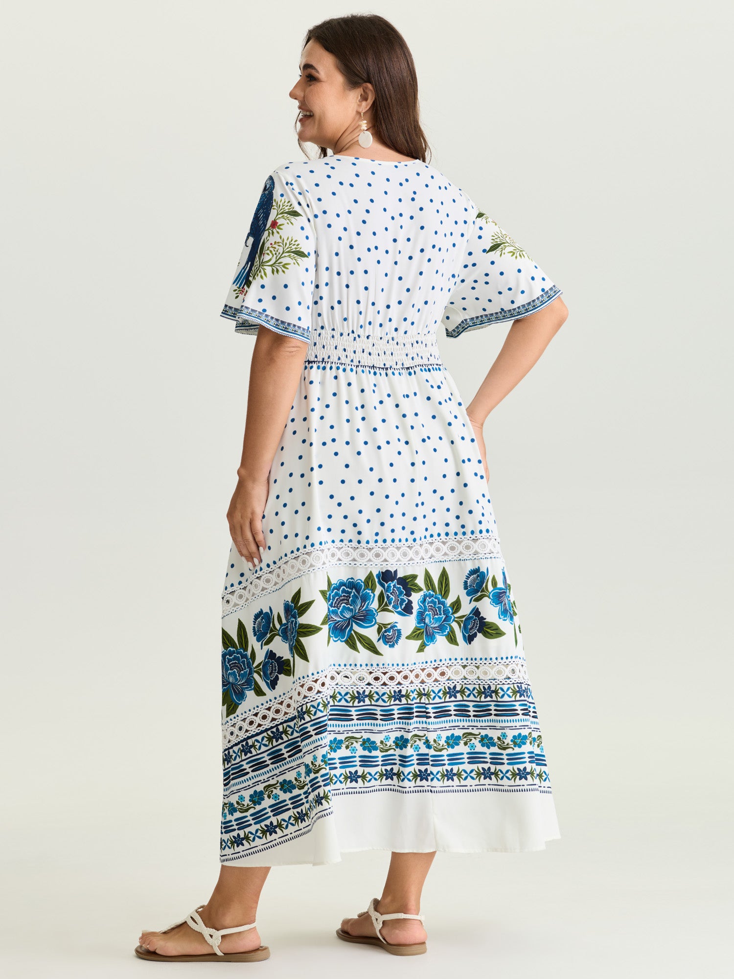 Parrot Print Lace Trim Surplice Neckline Maxi Dress