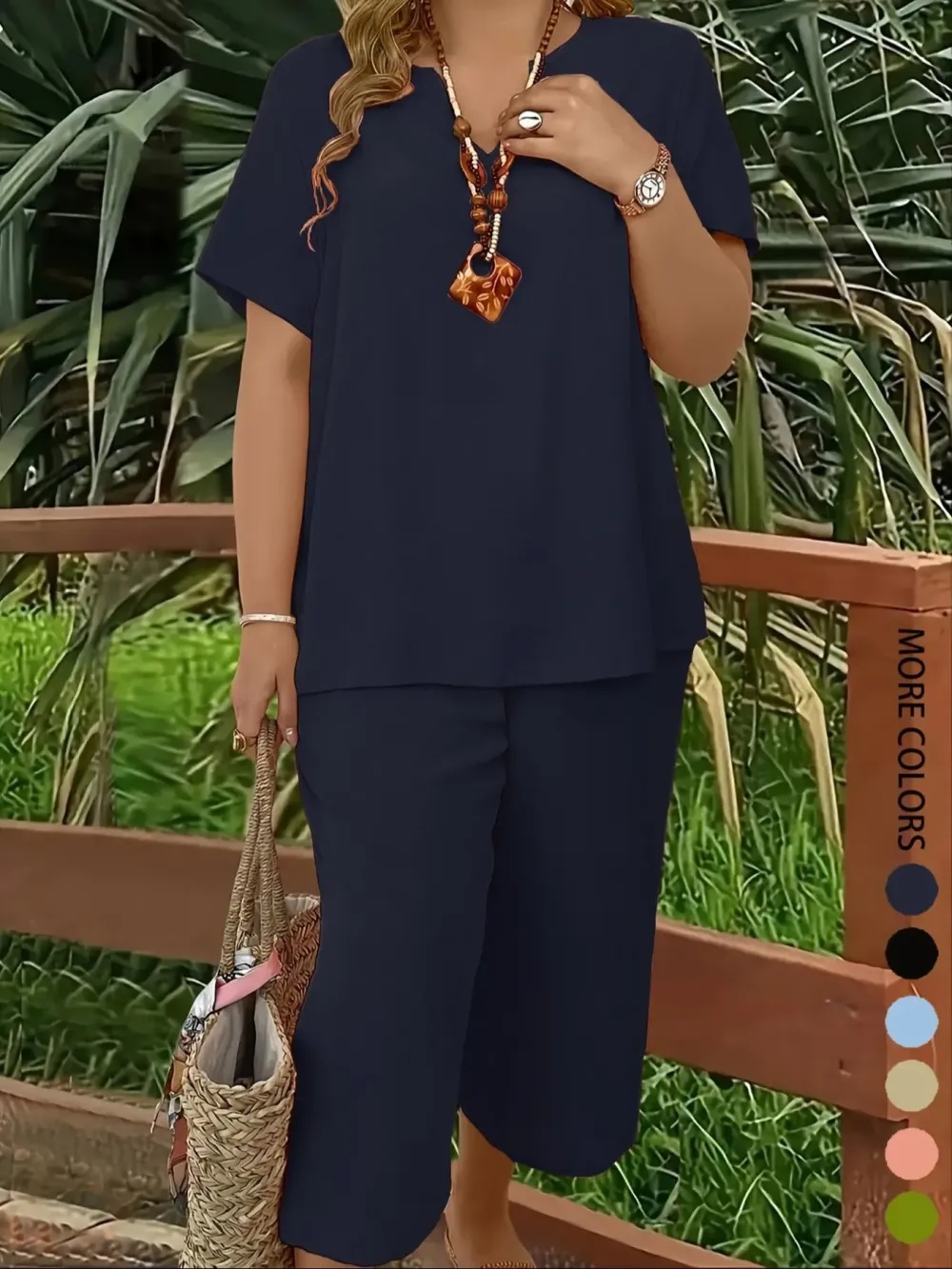 Women's Solid Color Short Sleeve Fashion Top & Casual Wide Leg Pants Set, Summer, Comfortable & Stylish