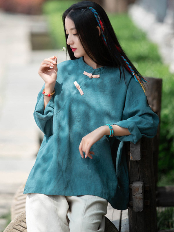 Vintage Linen Frog Loose Long Sleeve Shirt Tops