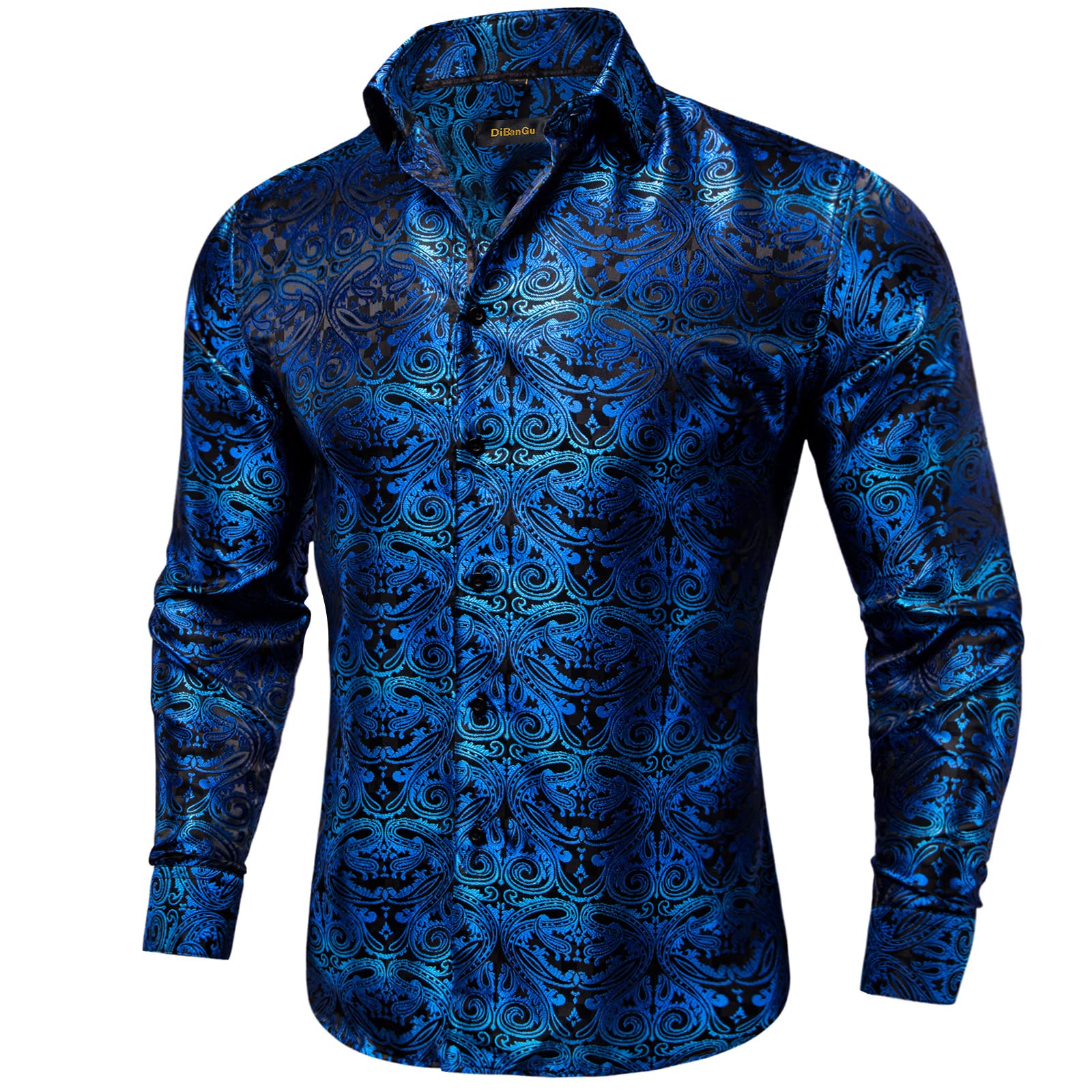 Men's Paisley Dress Shirt Long Sleeve Wrinkle Free Button Down Cowboy Shirts - Royal Blue&black&paisley