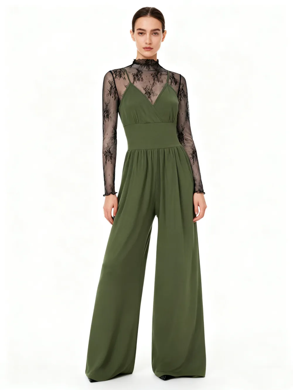 Women's Solid Color Lettuce Trim Mock Neck Sheer Lace Top & Pocket Wide Leg Cami Jumpsuit