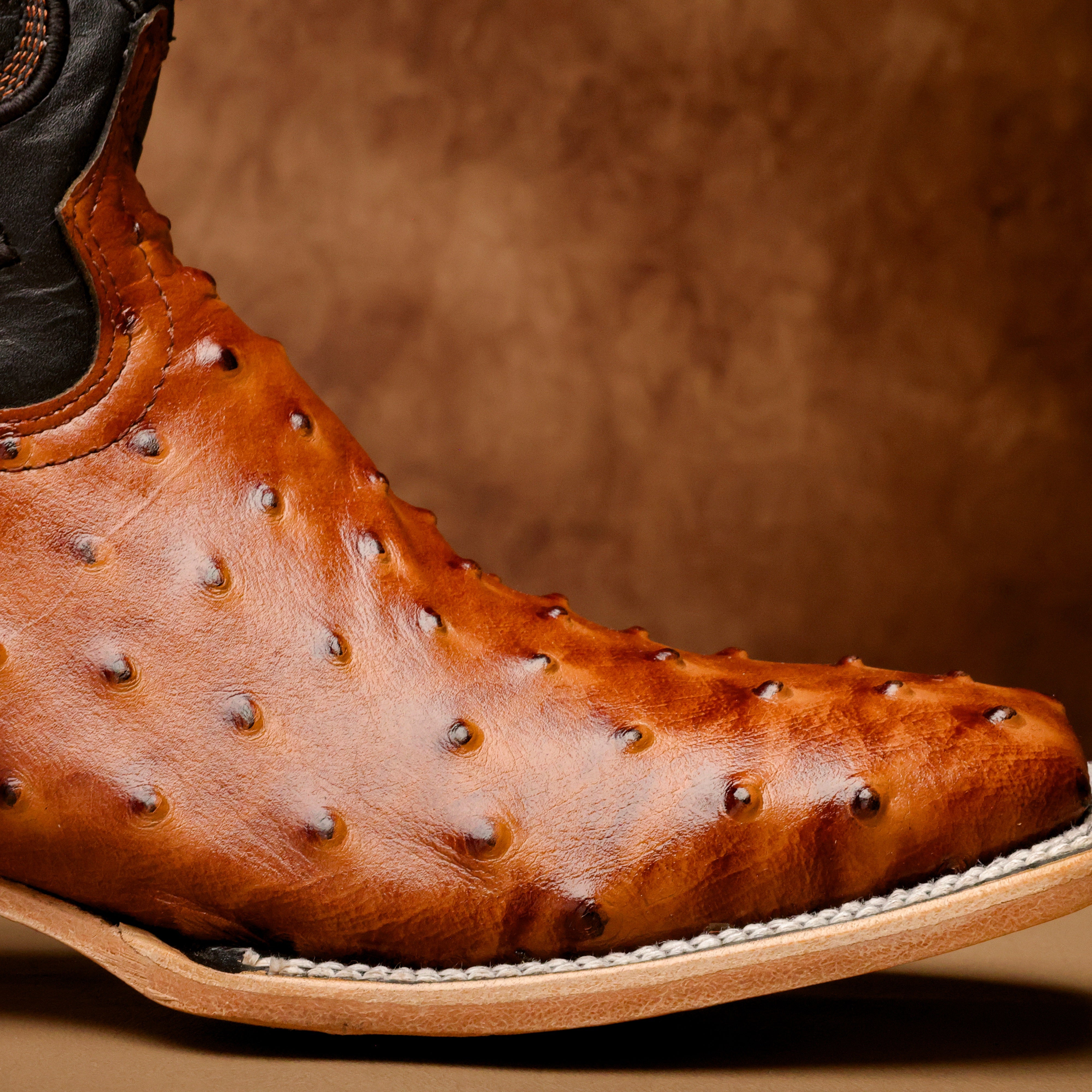 Cognac Ostrich Leather Boots - Square Toe