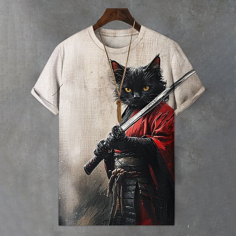 Men's Black Cat Samurai Ink Art Painting Print Comfortable T-shirt