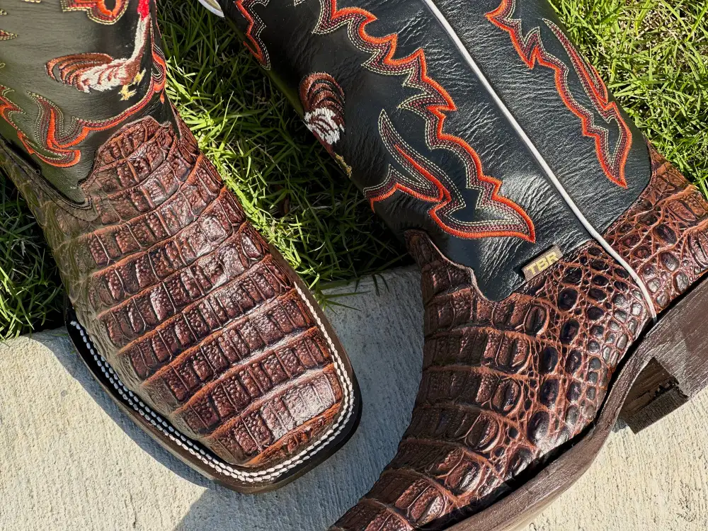 Mens Brown Crocodile Horn-Back Leather Boots With Black Shaft