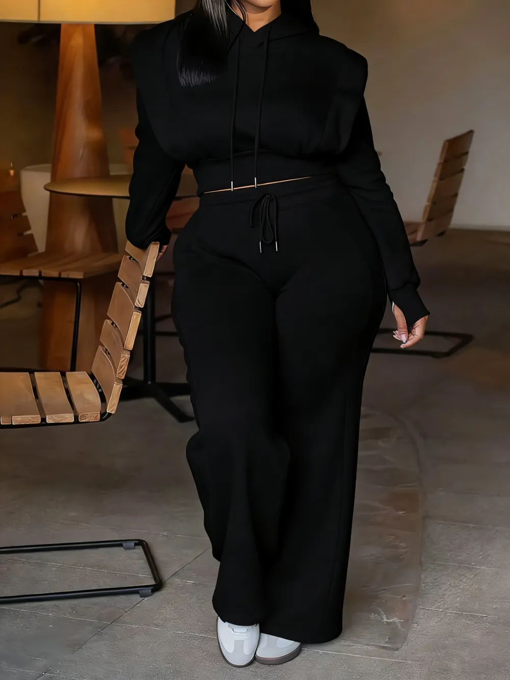 Women’s Hooded Sweatshirt & Wide-Leg Pants Set – Slim Fit, Casual Sportswear