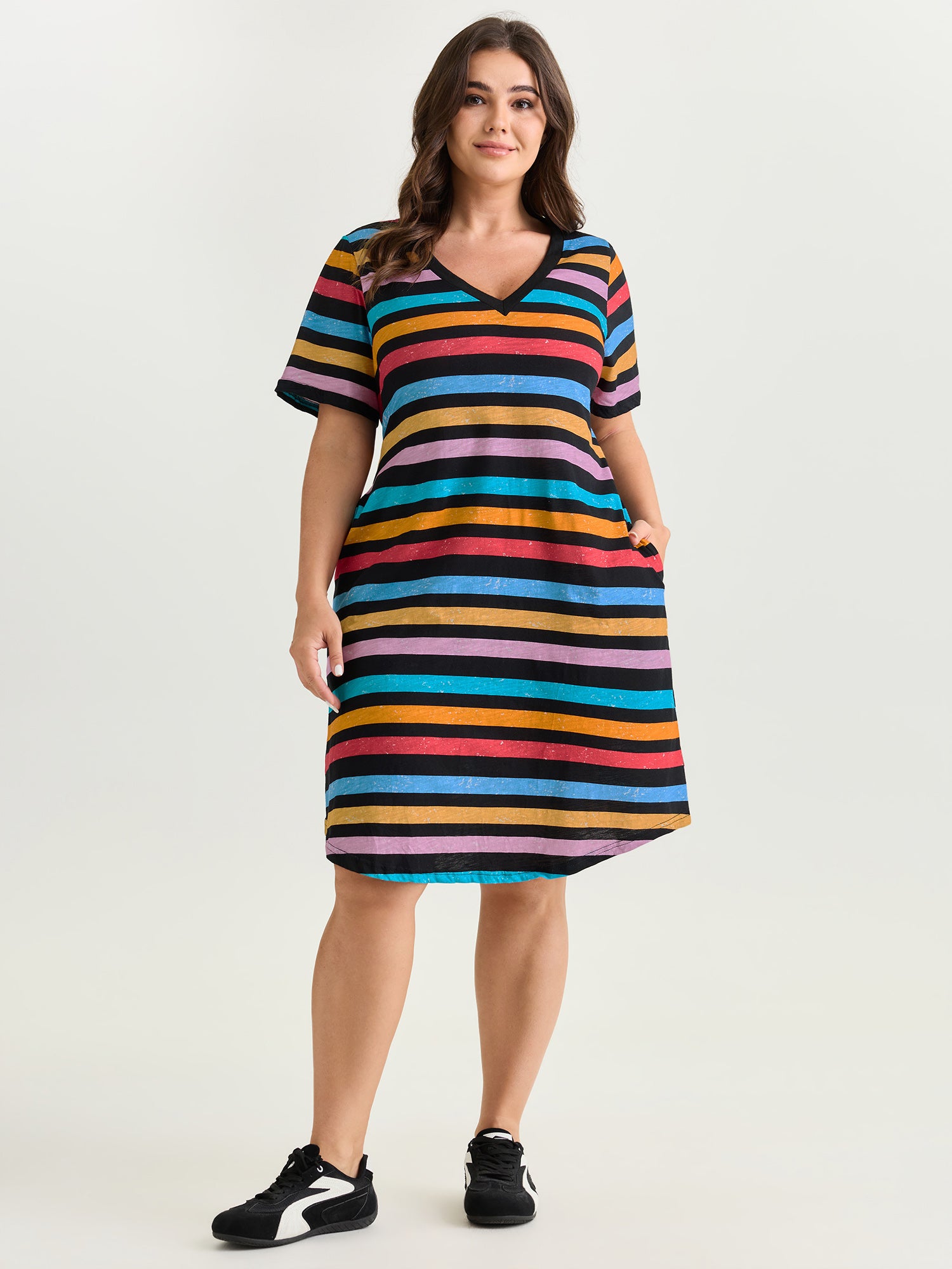 Cotton Stretchy Colorful Striped V-Neckline Midi Dress