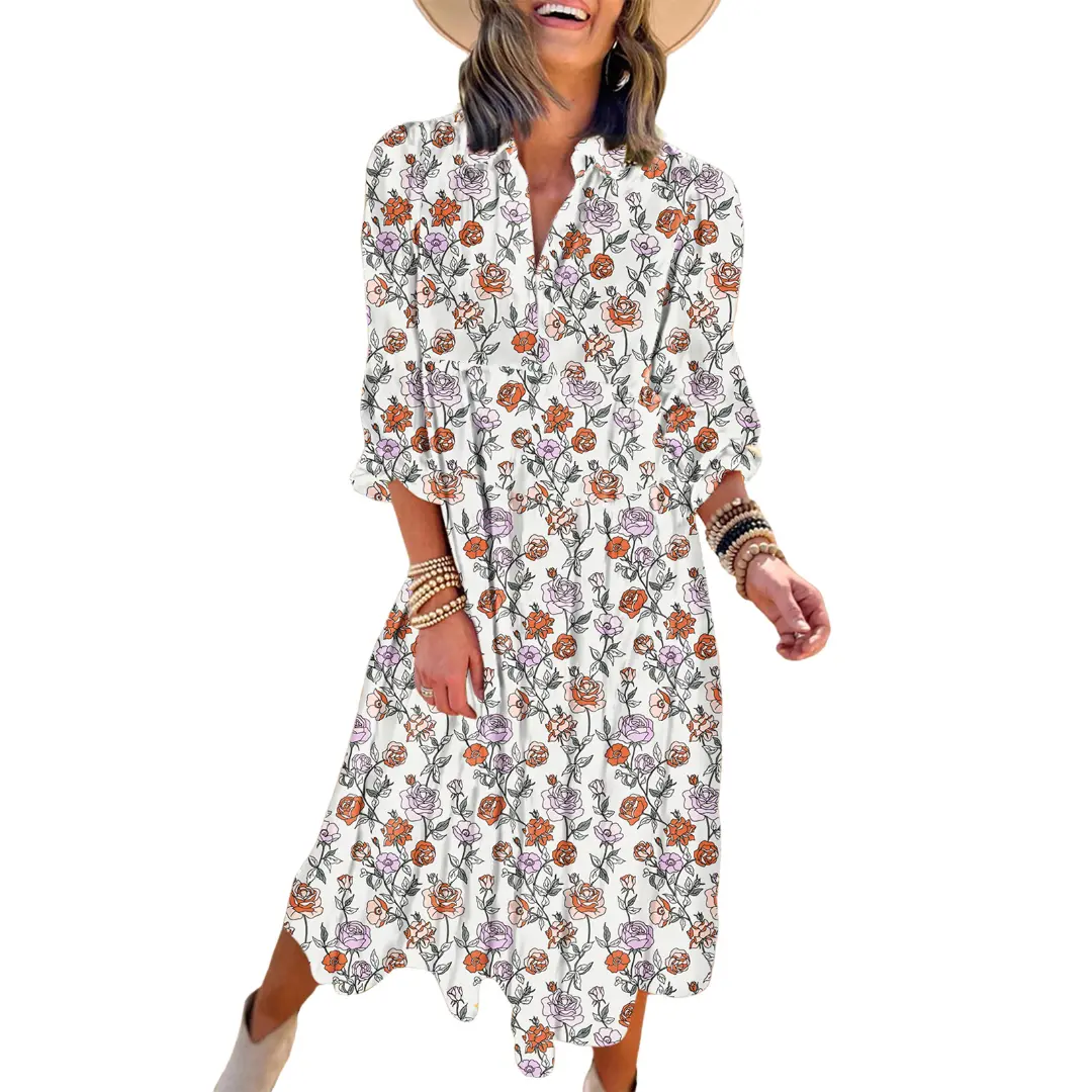 Women's Casual Bohemian Floral Dress 2026 V-Neck Long Puff Sleeve Midi Dress Soft Fabric Comfortable Summer Dress - Womenswear