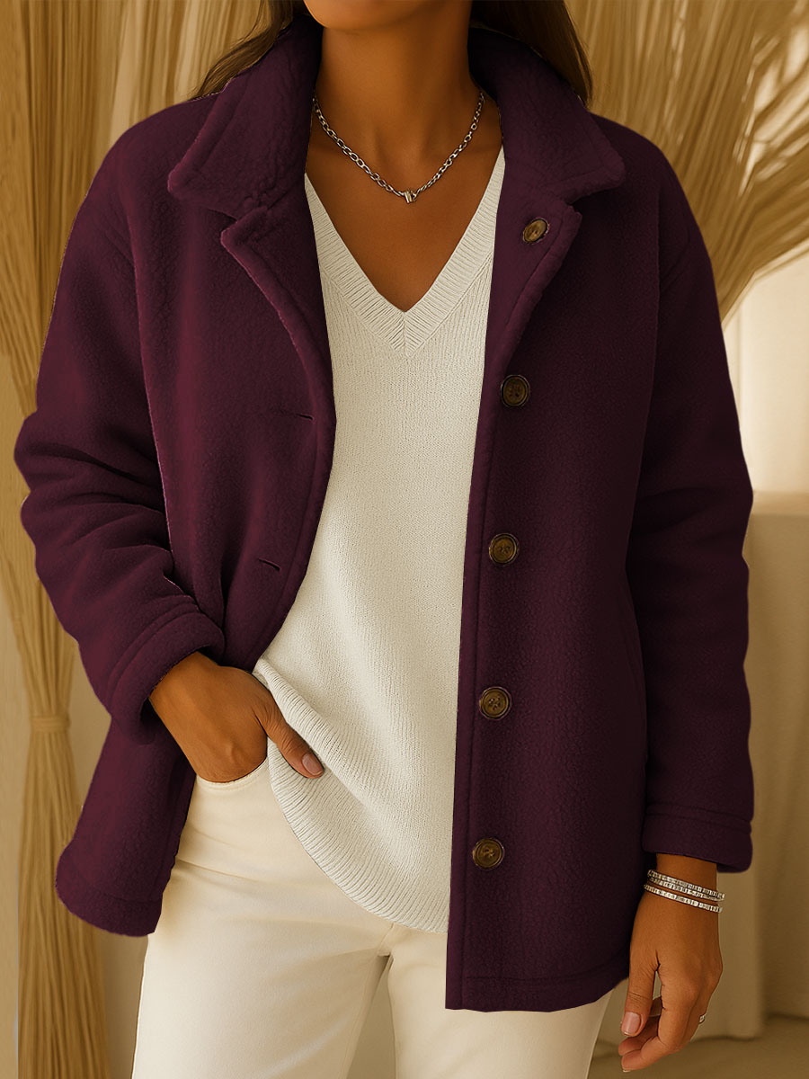 Women's Solid Color Lapel Long Sleeve Polar Fleece Cardigan Jacket