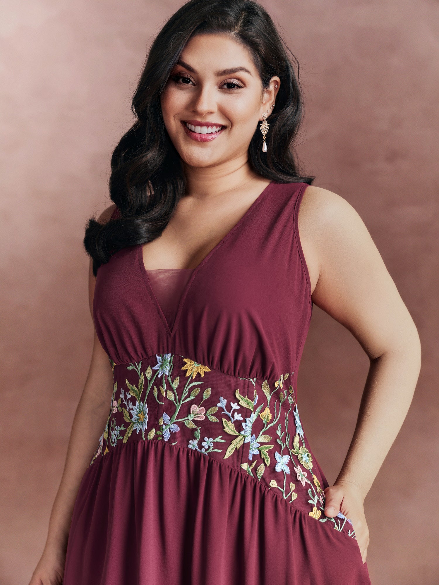 Floral Embroidered V-Neck Sleeveless Maxi Dress