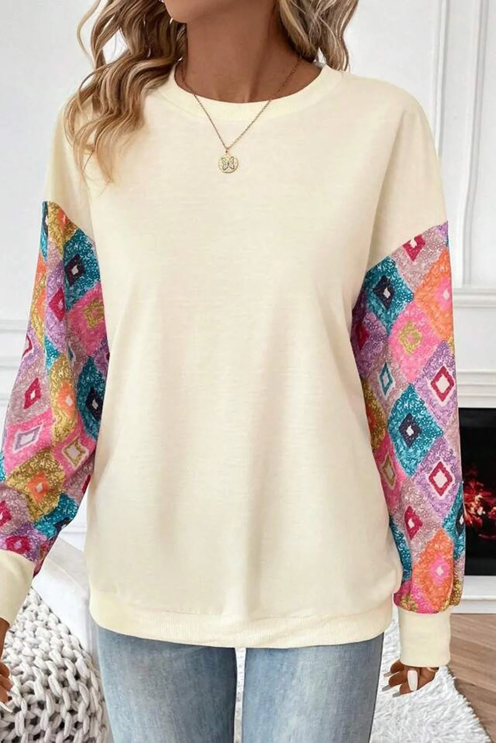 Geometric Printed Patchwork Long Sleeve Round Neck Top