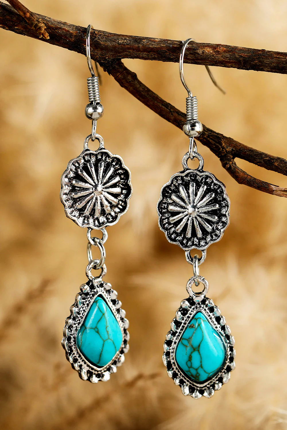 Peacock Blue Western Turquoise Inlay Hook Earrings