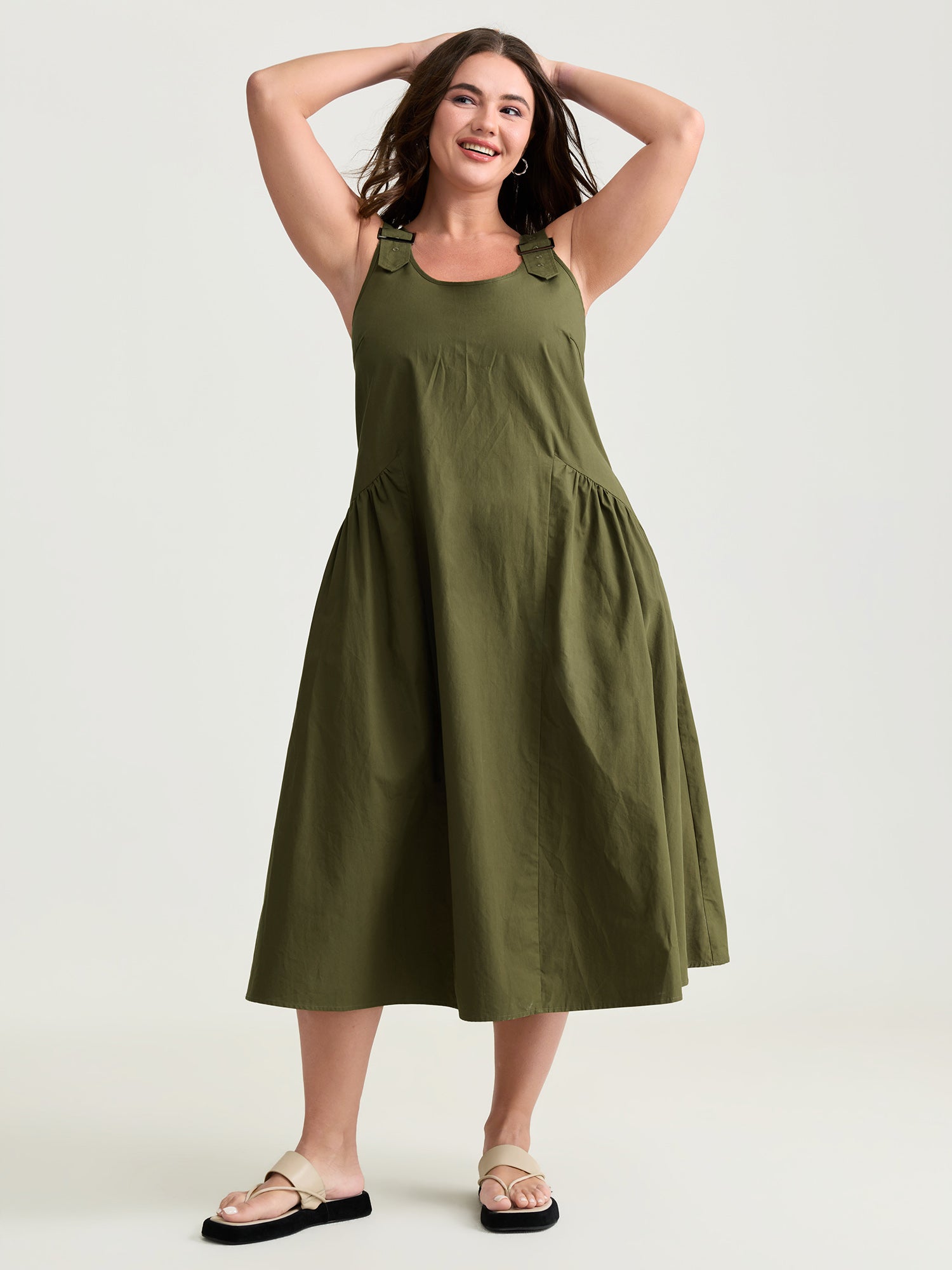 Pure Cotton Pleated Drop Waist Overall Midi Dress