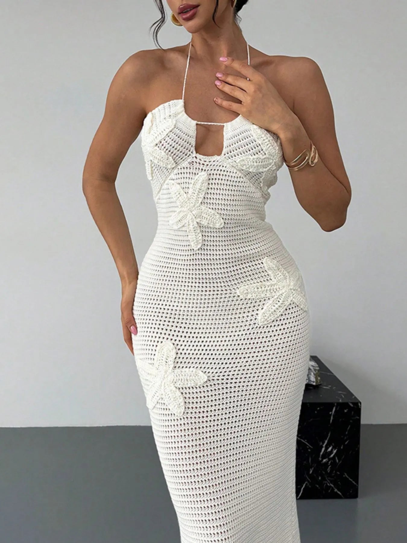 Crochet Backless Midi Knit Dress