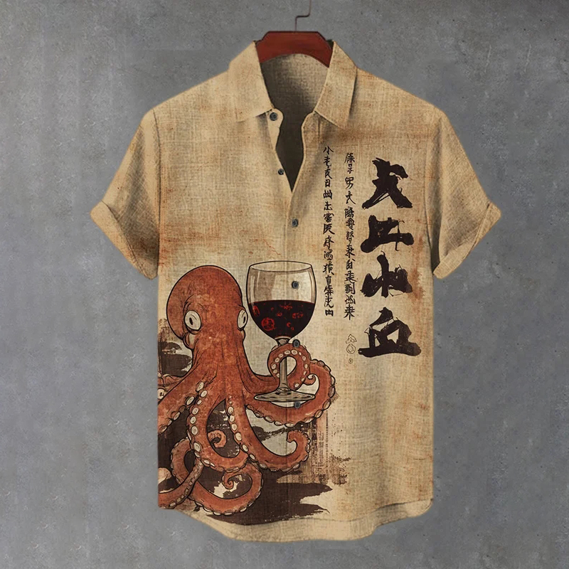 Men's Octopus Holding A Goblet Art Print Casual Shirt