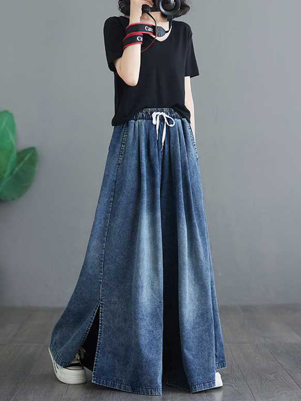 Drawstring Split-Side Loose Wide Leg Trousers Jean Pants Bottoms