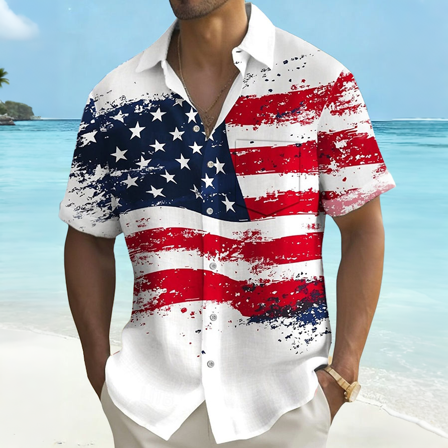 Men'S Hawaii Vacation US Independence Day Celebration Commemorative Printed Short Sleeve Shirt (Pocket Included)