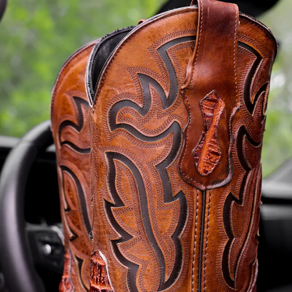 Cognac Caiman Neck Leather Boots - Square Toe