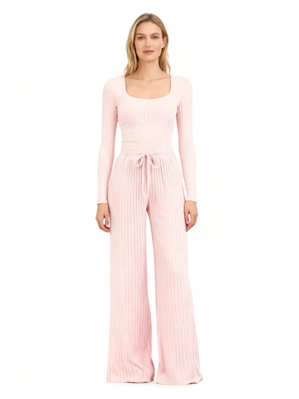 Women's Slim-Fit Solid Color Ribbed Fleece Jumpsuit Set